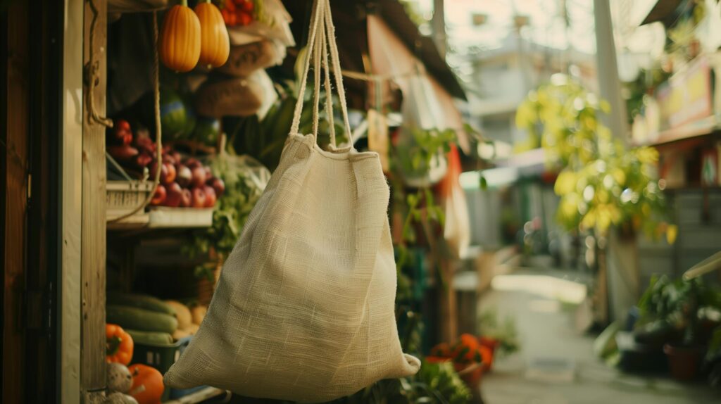 Eco-friendly textile shopping bag hanging on a sunny market street Free Photo