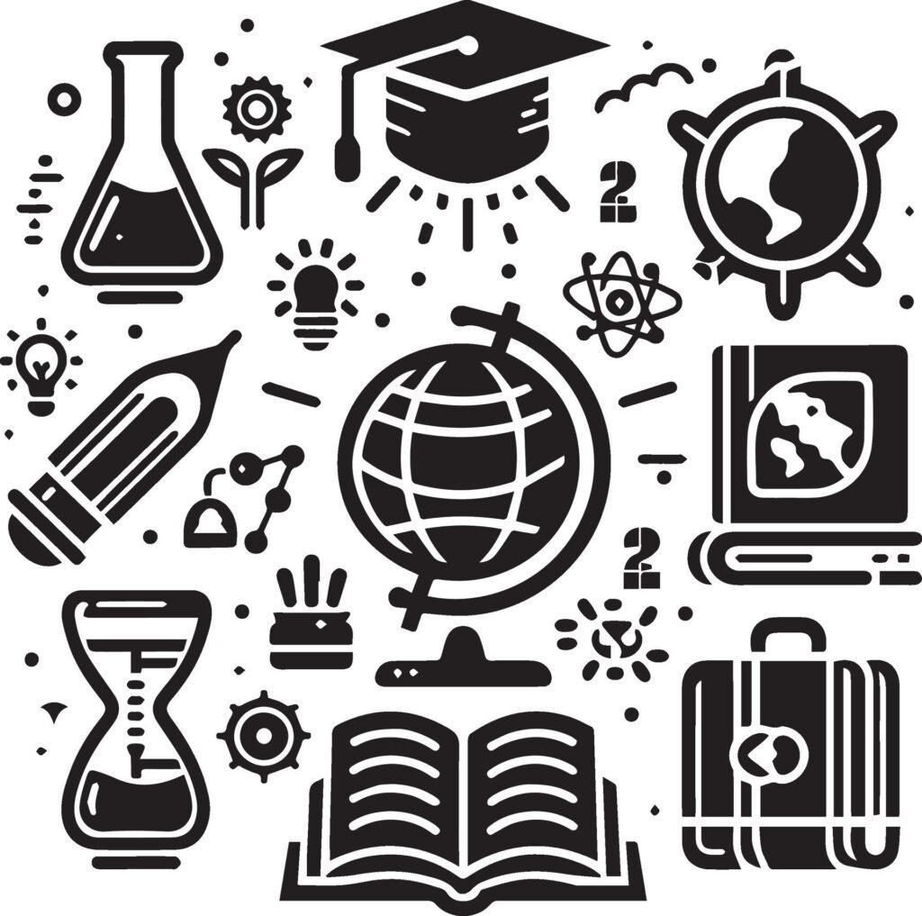 education and science icons set, black and white Free Vector