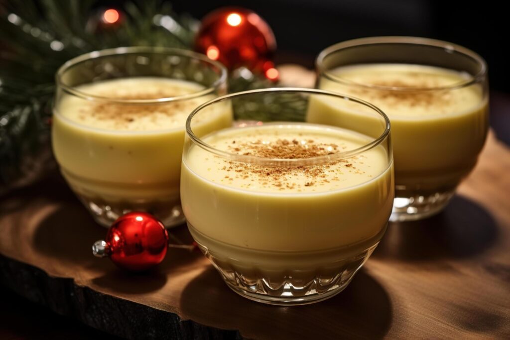 Egg nog is a traditional Christmas drink. Close-up of a sweet drink based on raw chicken eggs and milk, with spices in glasses indoors Free Photo