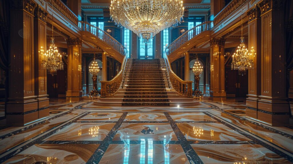 Elegant Staircase and Chandeliers Free Photo