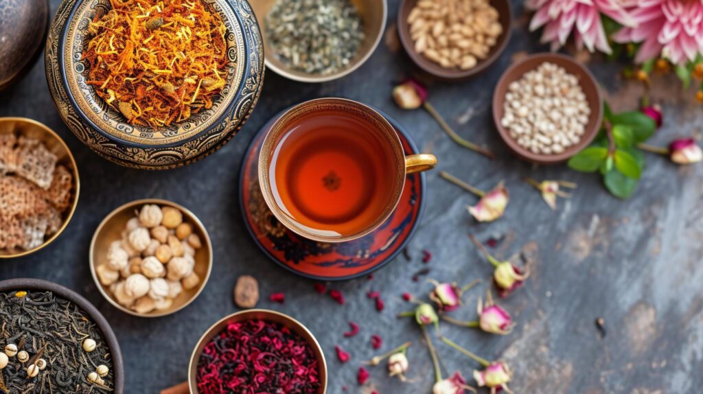 Elegant Tea Tasting Setup with Cultural Decorations Free Photo