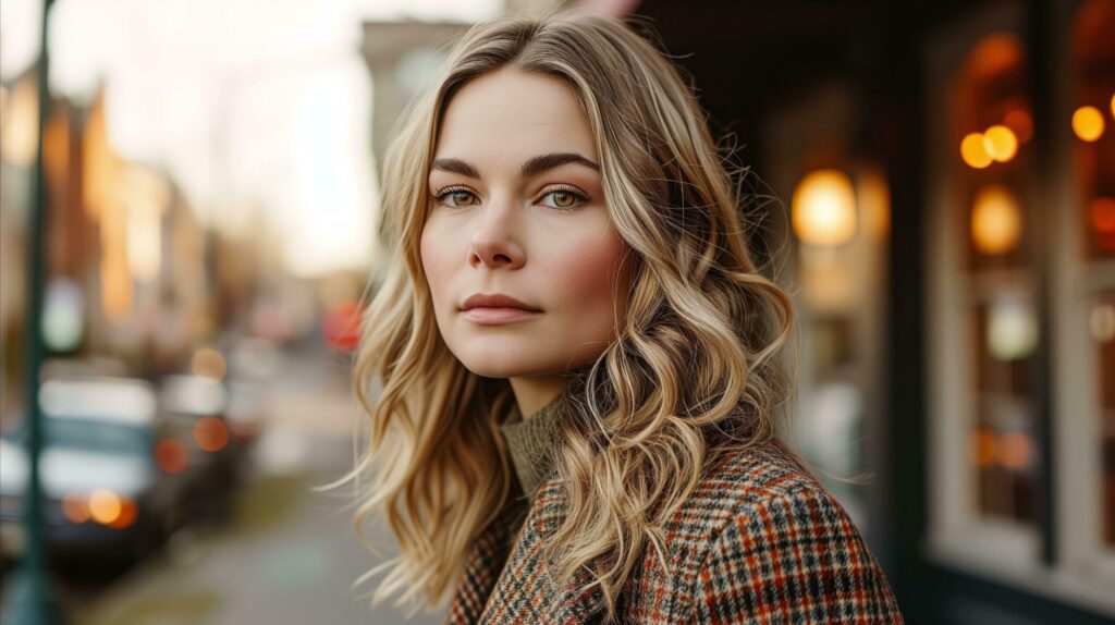 Elegant young woman in stylish coat posing on city street at dusk Free Photo