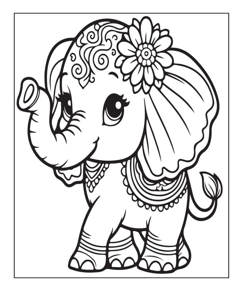 Elephant coloring page for kids. print this free printable elephant coloring page Free Vector