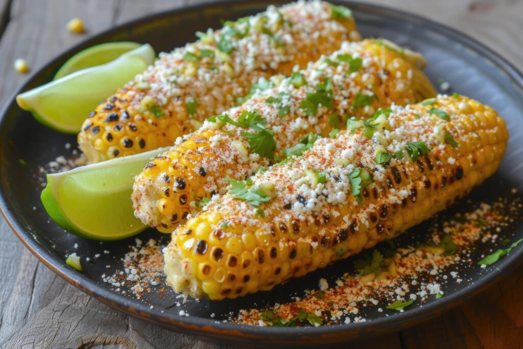 Elotes, Grilled Mexican Street Corn on the cob with cotija cheese, chili powder, mayonnaise Free Photo