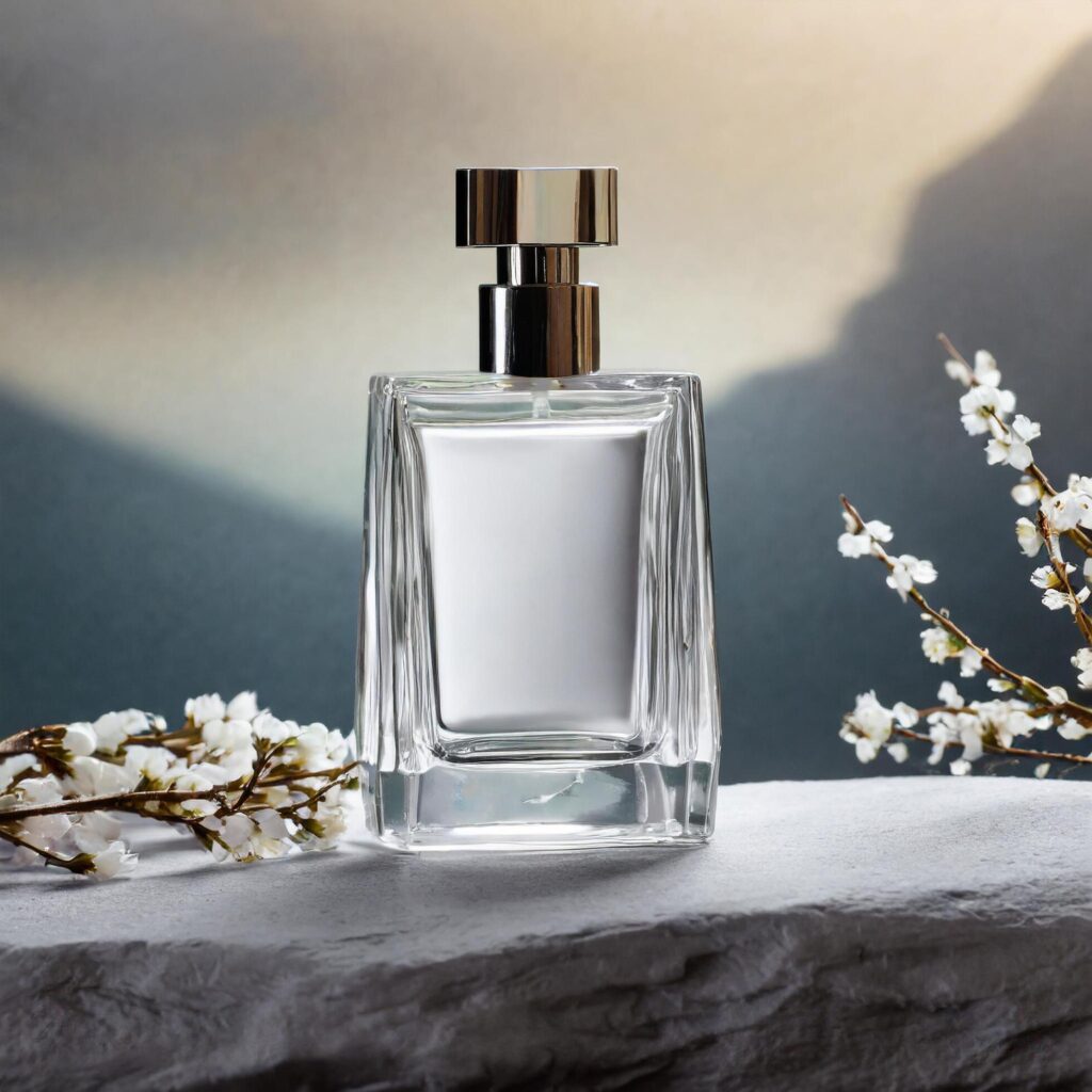 Empty blank perfume bottle mockup for product ad on a blurred background with flowers on the side Free Photo