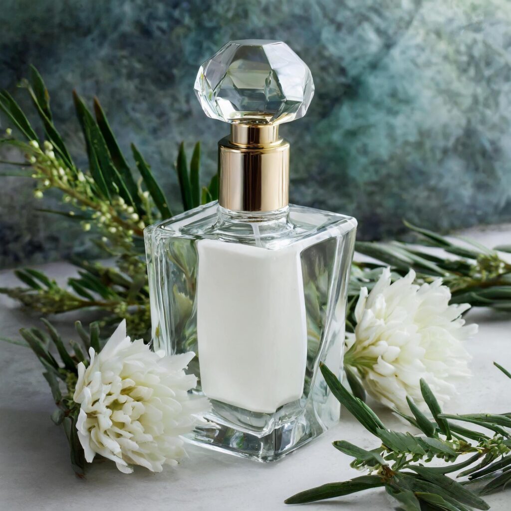 Empty blank perfume bottle product ad surrounded with flowers and plants Free Photo