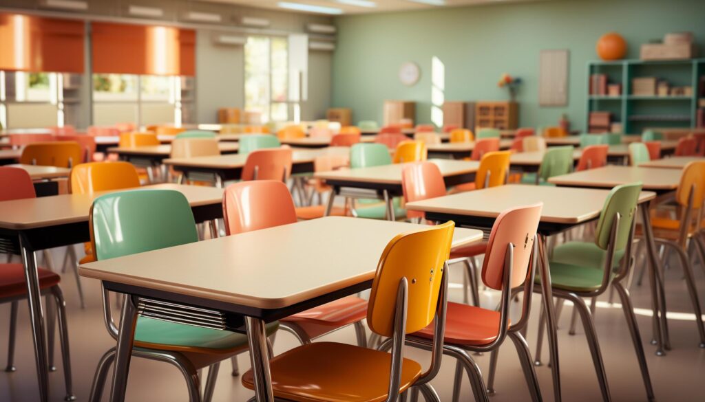 Empty classroom with desks and chairs, ready for learning generated by AI Free Photo