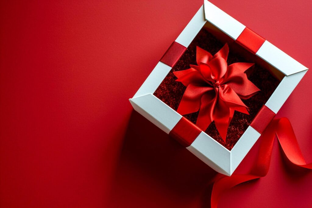 Empty open white gift box on red background, copy space Ai Generated Free Photo