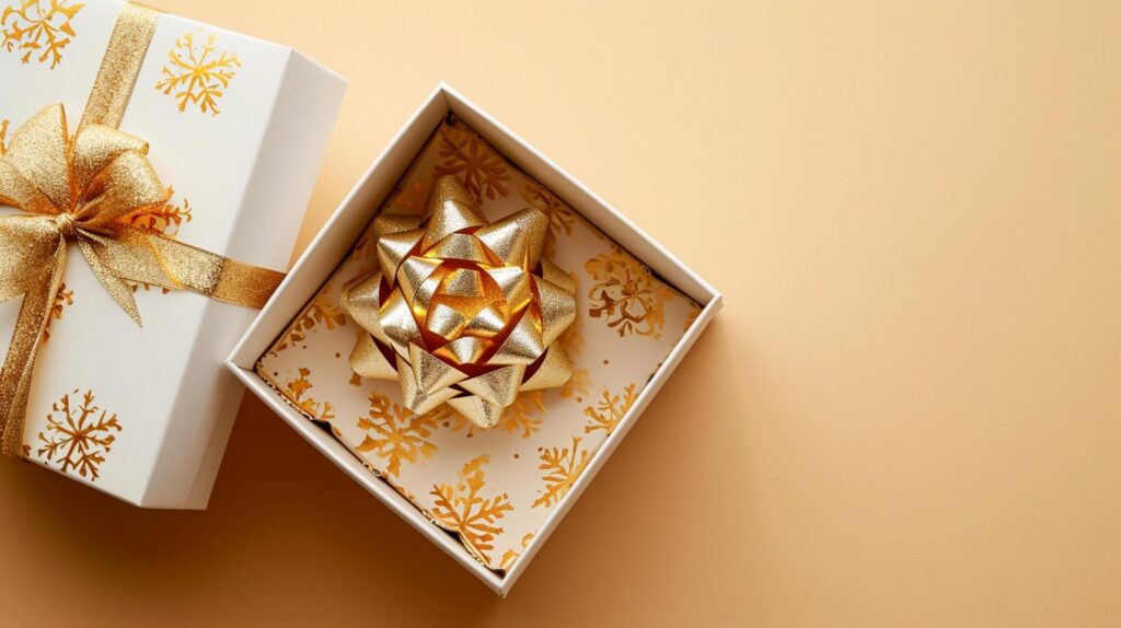 Empty open white gift box with gold ribbon on beige background, copy space Ai Generated Free Photo