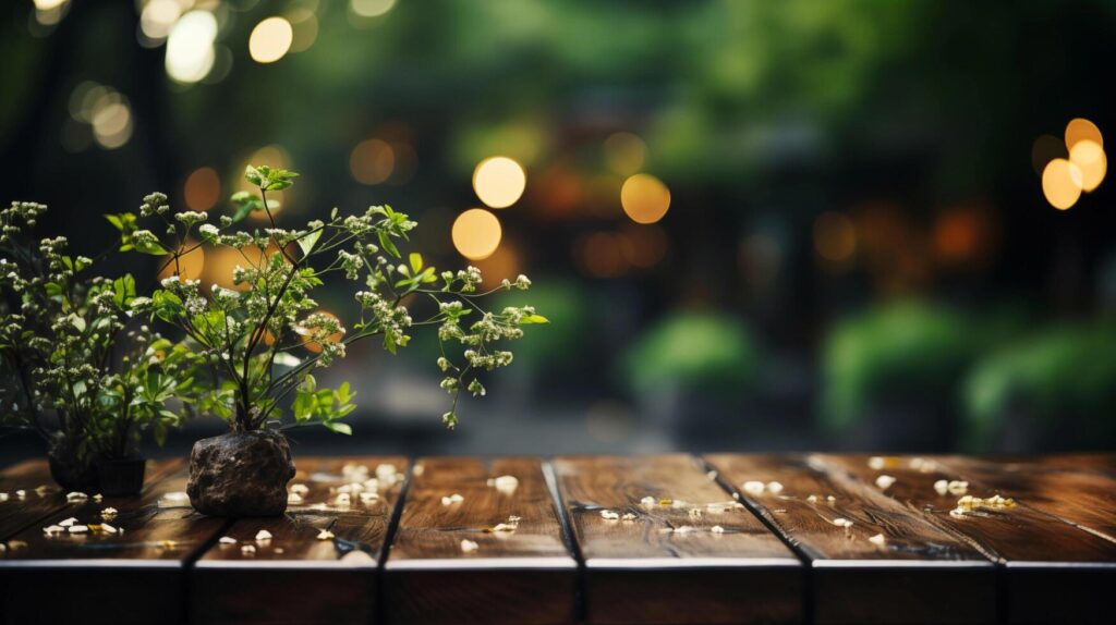 AI generated Empty wooden table, Green bokeh background Stock Free