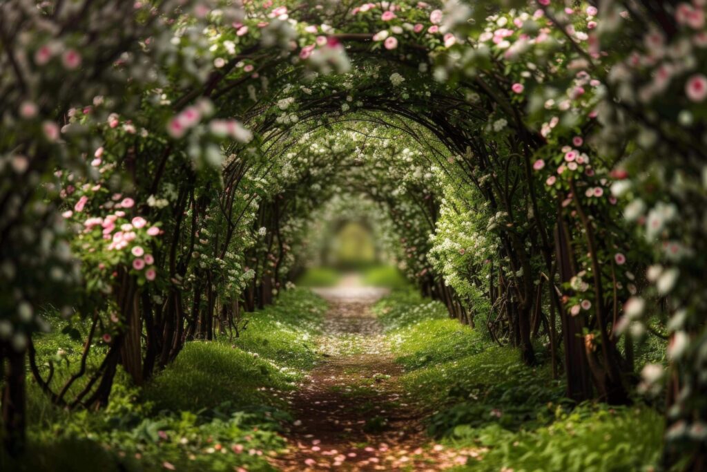 Enchanted Flower Archway Path in Blossom Free Photo