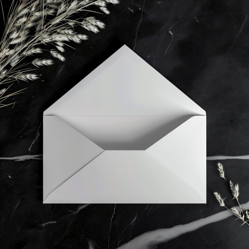 Envelope on black marble background. Flat lay, top view Free Photo