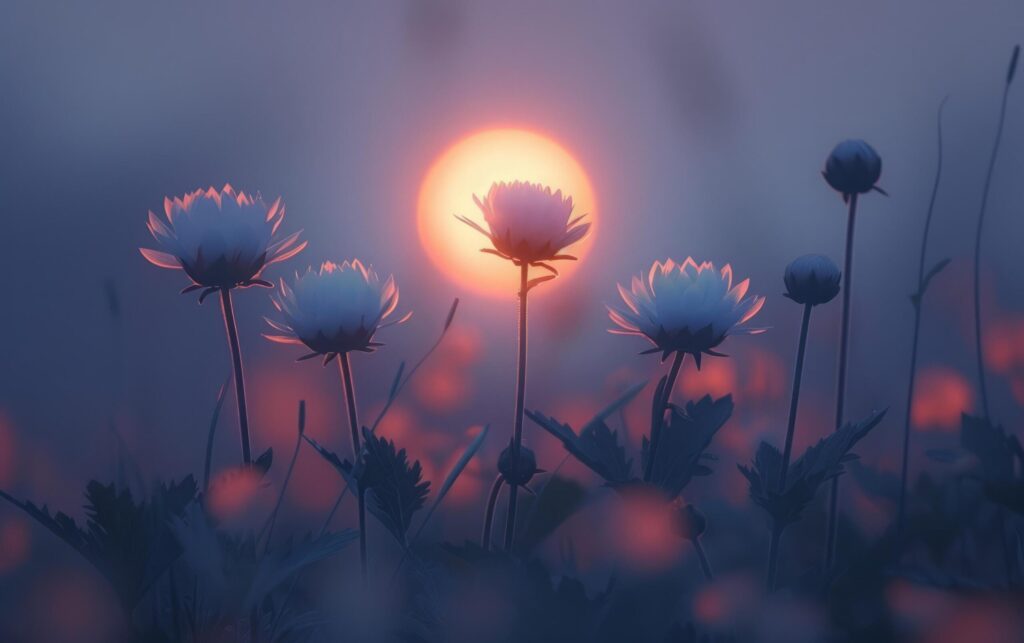 Ethereal cosmos flowers bask in the rosy light of sunrise Free Photo