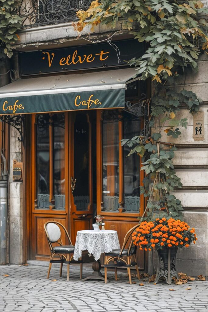 exterior of Velvet cafe with its name elegantly written on the awning. Ai generated Free Photo