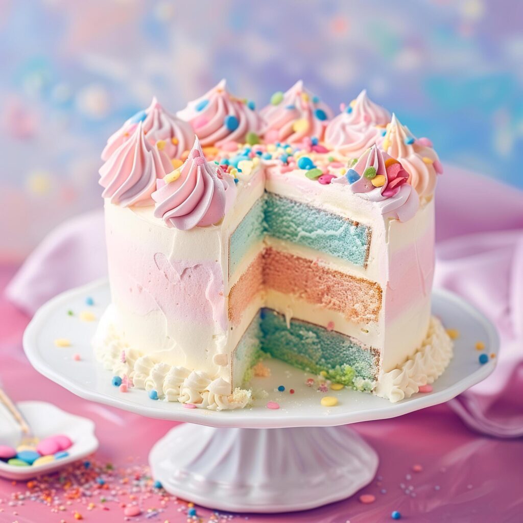 fancy rainbow cream cake on pastel background Free Photo