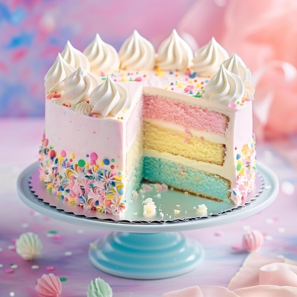 AI generated fancy rainbow cream cake on pastel background Stock Free