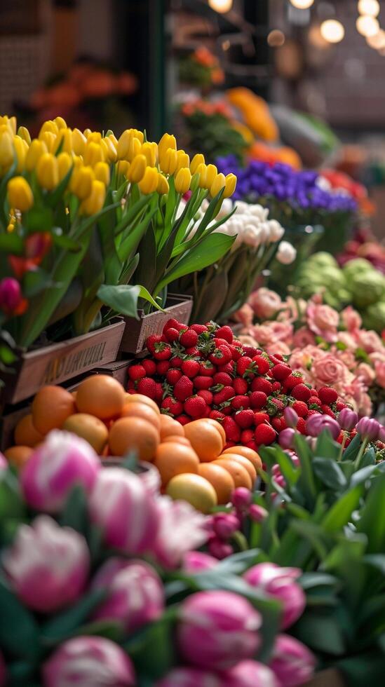 AI generated Farmers’ Market Bounty, farmers’ market scene with stalls brimming with fresh produce and flowers, background image, generative AI Stock Free