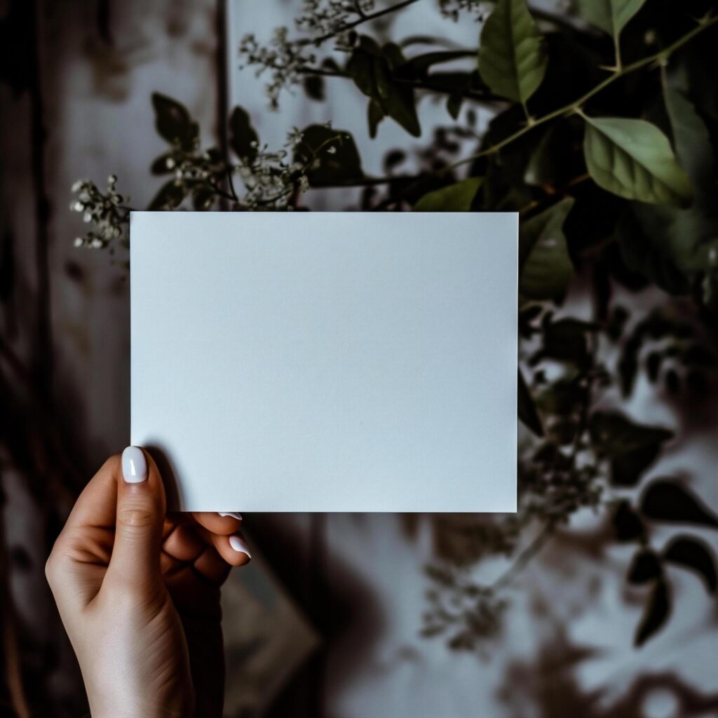 Female hand holding a white sheet of paper on a background of flowers Free Photo