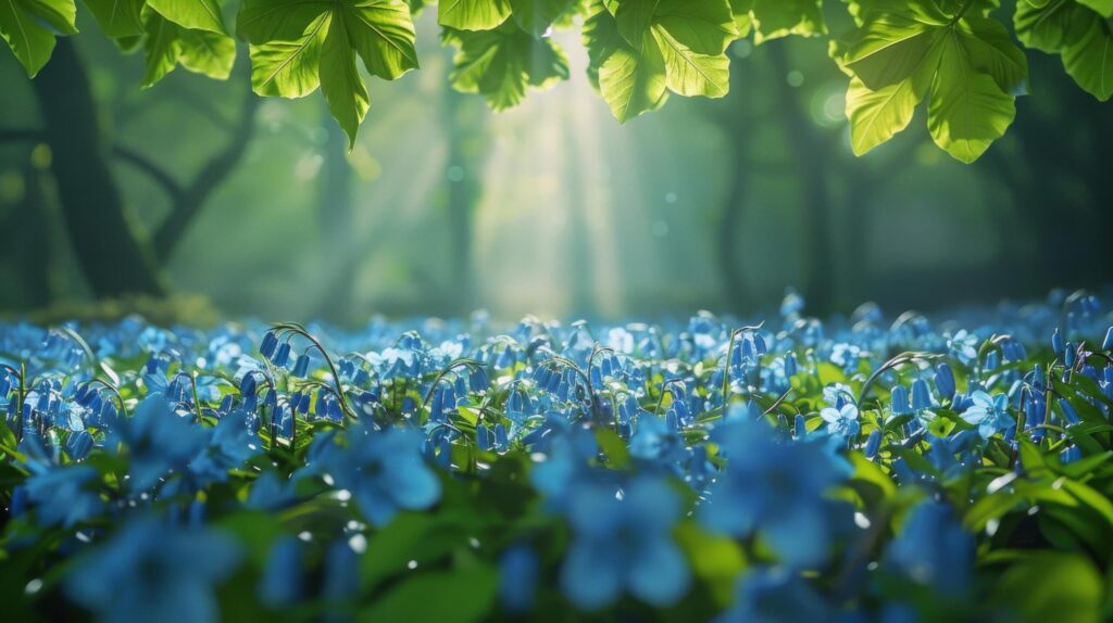 Field of Blue Flowers With Trees Free Photo