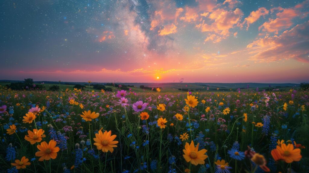 Field of Flowers Under Night Sky Free Photo