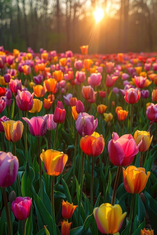 AI generated Field of Pink and Yellow Tulips With Sun Background Stock Free