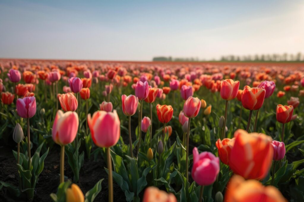 Field of red-pink tulips, sunny day, spring, nature landscape, outdoors. Natural flowers banner with copy space. Greeting card for spring holidays. Free Photo