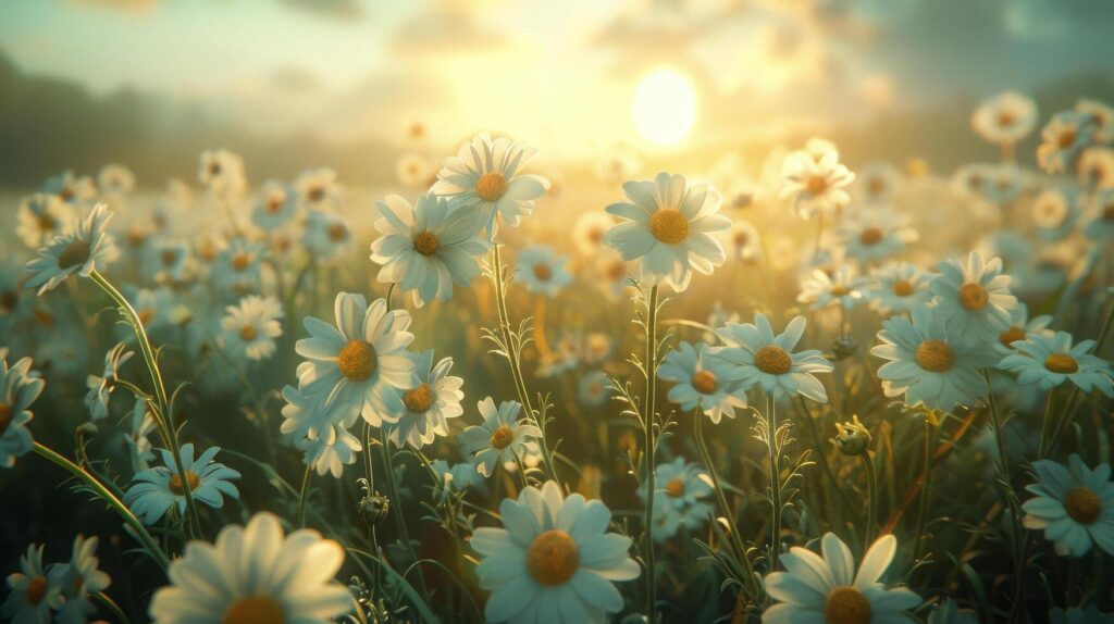 AI generated Field of White Daisies With Mountain Background Stock Free