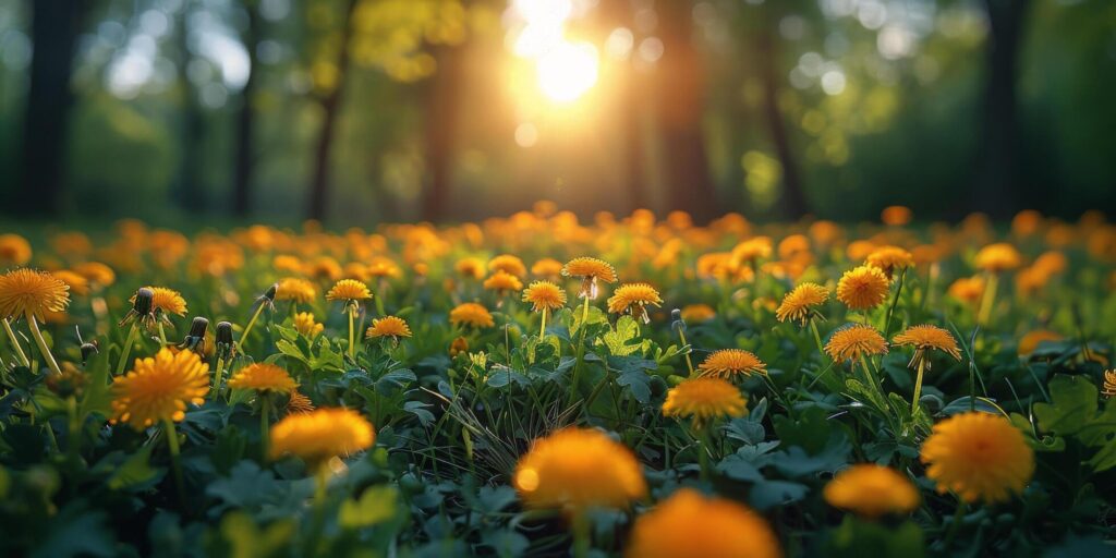 AI generated Field of Yellow Dandelions With Sun Background Stock Free