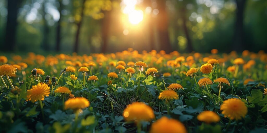 Field of Yellow Dandelions With Sun Background Free Photo