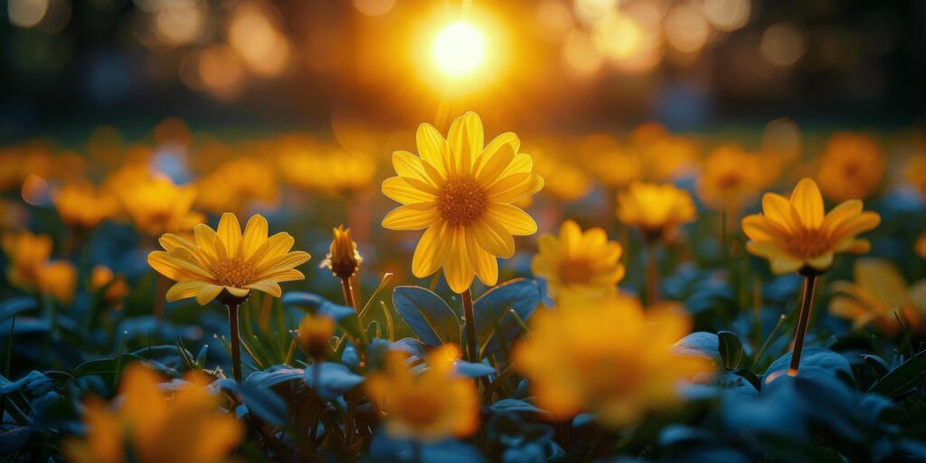 Field of Yellow Flowers With Sun Background Free Photo