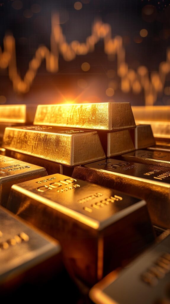 Financial planning gold bars stacked with a comprehensive stock chart Vertical Mobile Wallpaper Free Photo