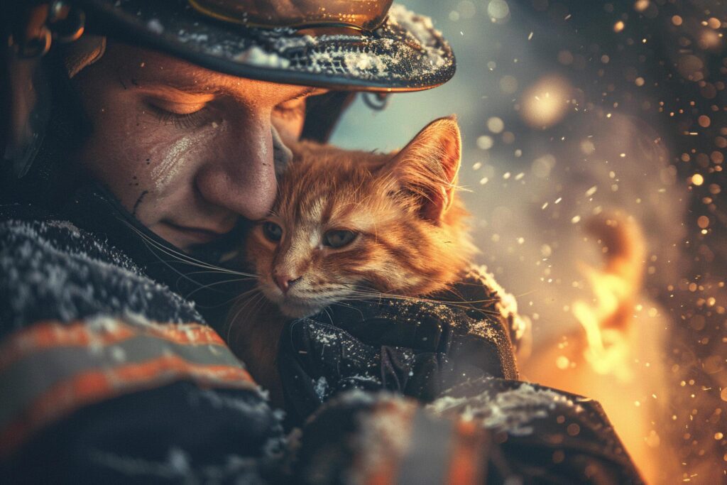 Firefighter Comforting a Cat Amidst Sparks with . Free Photo