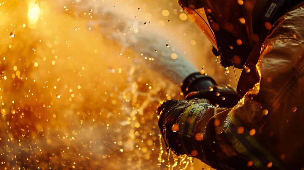 Firefighters battle a massive blaze with powerful hoses, amidst a dramatic explosion of flames and sparks Free Photo