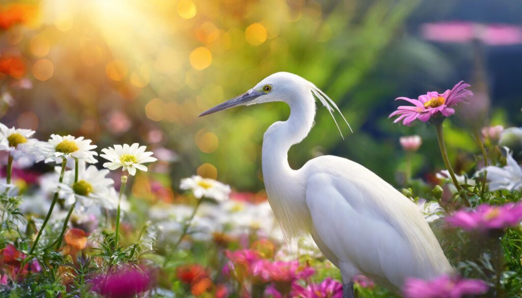 Firefly big white bird in flower garden under morning sunlight Free Photo