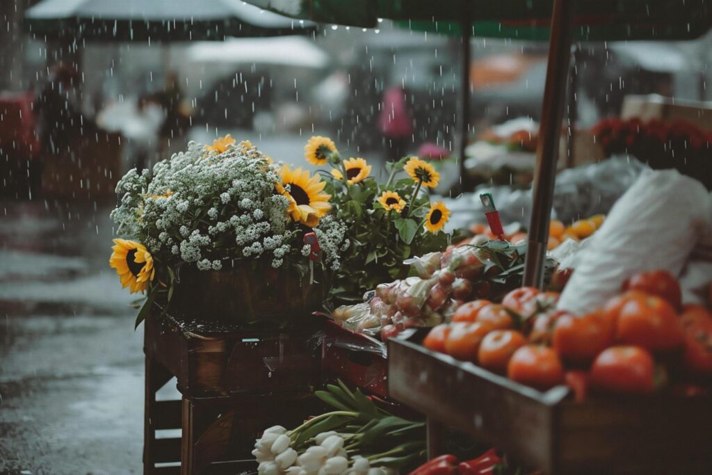 Flowers on a market stall in the rain with sunflowers Free Photo