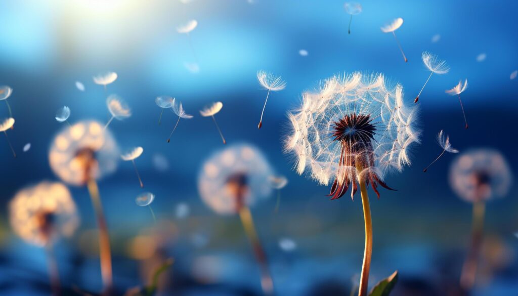 Fluffy dandelion seed flying in bright summer meadow generated by AI Free Photo