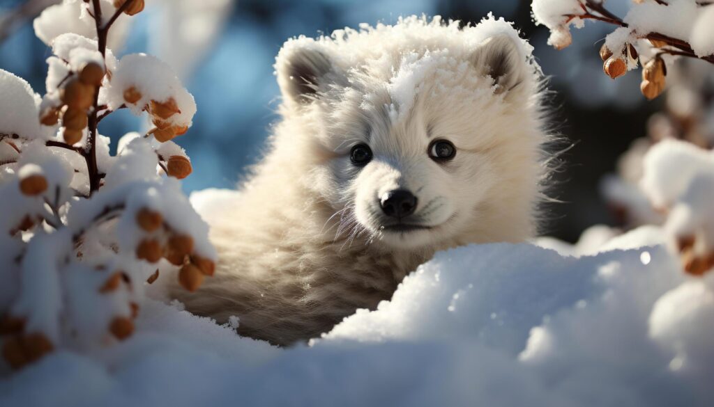 Fluffy puppy playing in the snow, looking at camera generated by AI Free Photo