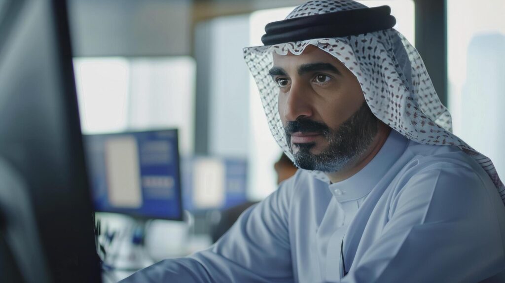 AI generated Focused Professional, Serious and Mature Arab Businessman Strategizing in His Office, Utilizing Technology for Business Excellence Stock Free