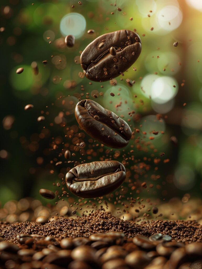 free photo of floating coffee beans on a blurred background, closeup shot Free Photo