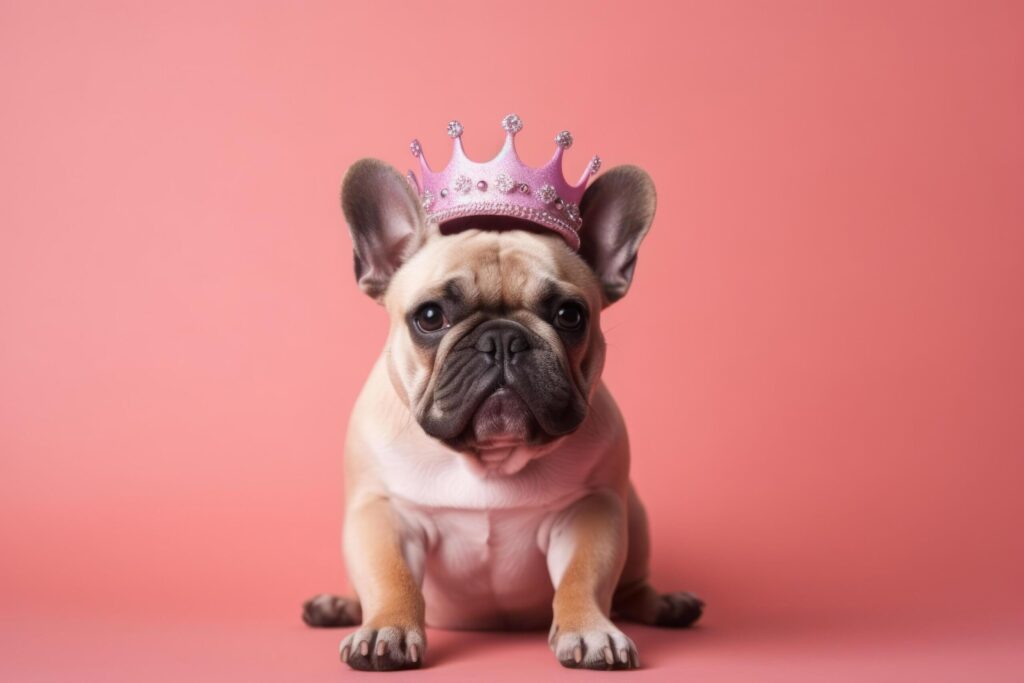 French Bulldog puppy wearing pink princess crown on her head, sitting in center of peach solid background. Royal breed, queen dog. Fashion beauty for pets. Free Photo