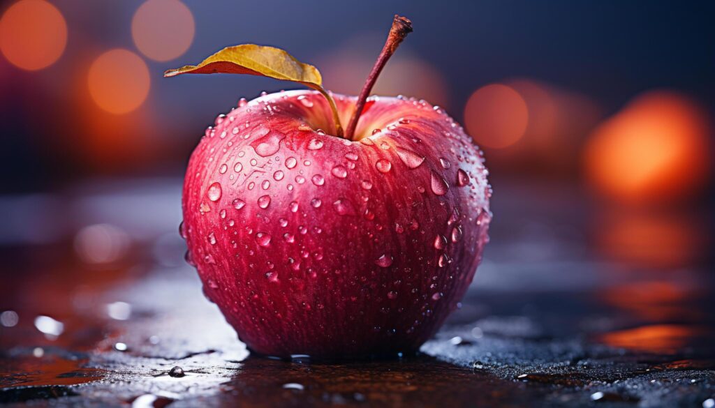 Fresh apple on wet table, reflecting autumn vibrant nature generated by AI Free Photo