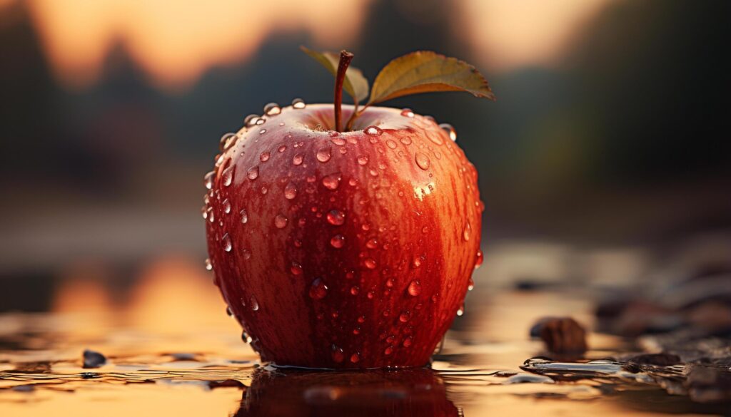 Fresh apple, wet with dew, reflects nature healthy sweetness generated by AI Free Photo