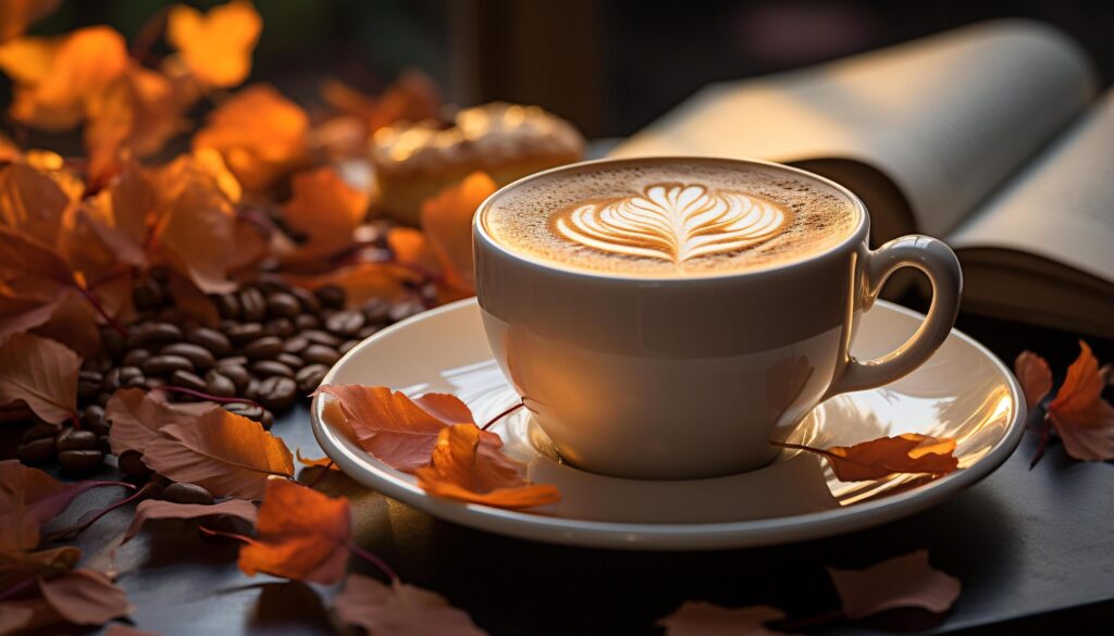 Fresh autumn cappuccino on wooden table, a cozy caffeine escape generated by AI Free Photo