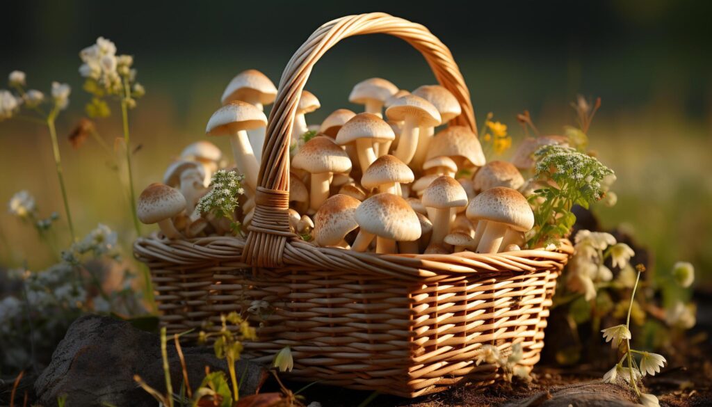 Fresh autumn harvest edible mushrooms, organic vegetables, and ripe fruits generated by AI Free Photo