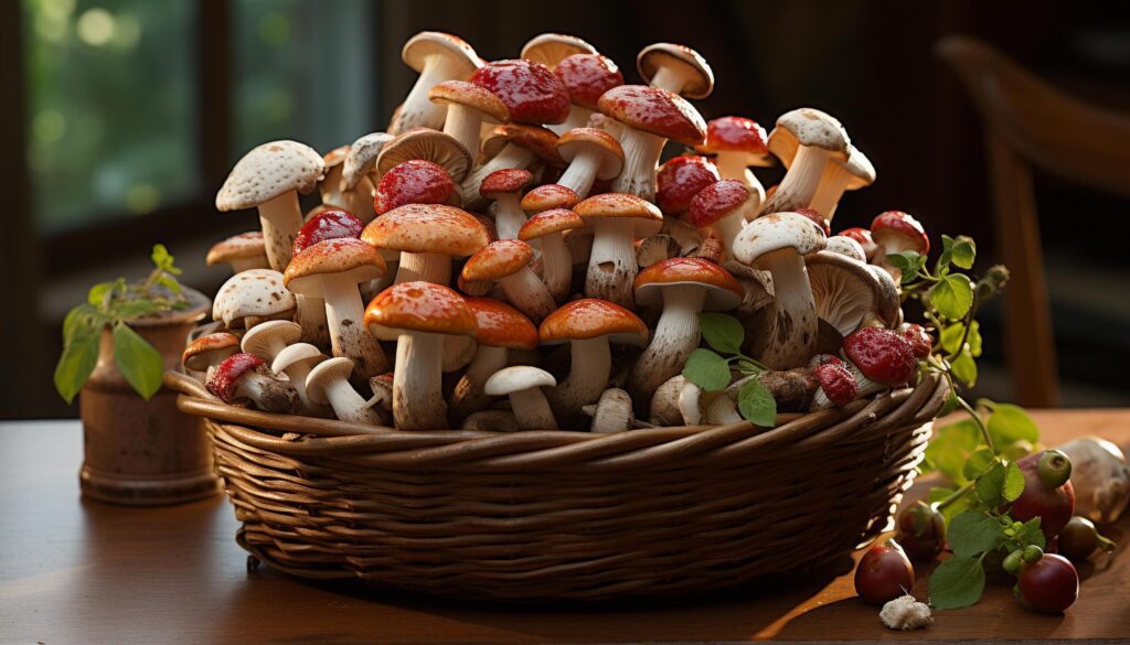 Fresh autumn mushrooms in a wicker basket, a healthy gourmet meal generated by AI Free Photo