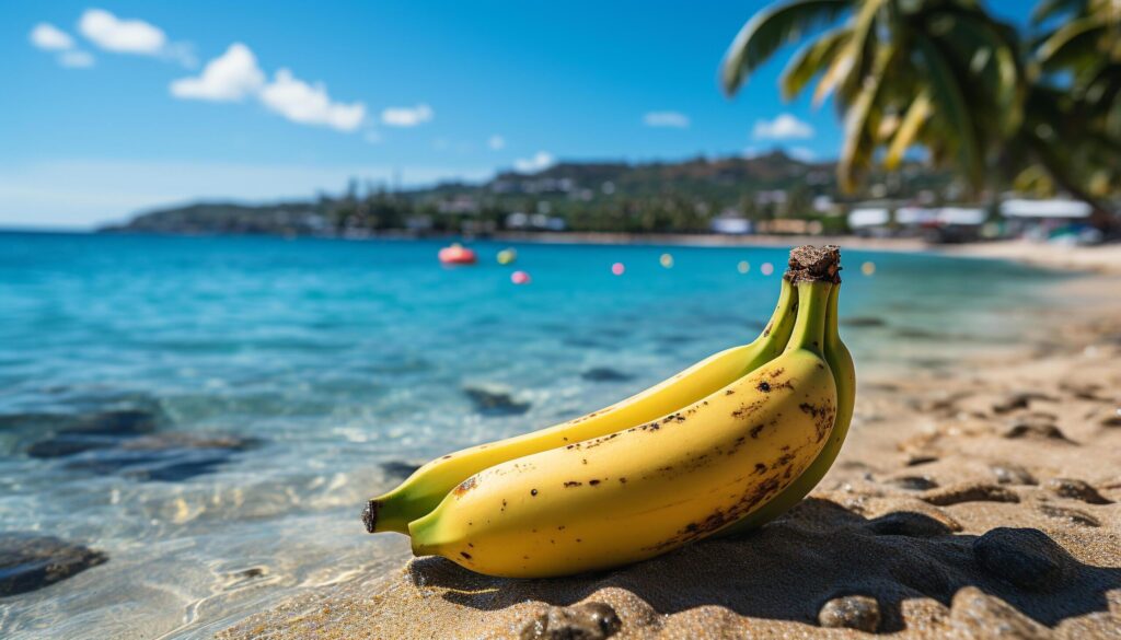 Fresh banana on sandy beach, a taste of summer vacation generated by AI Free Photo