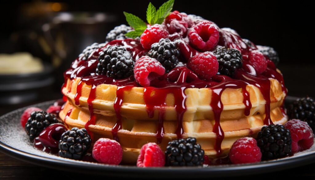 Fresh berry dessert on wooden plate, homemade pancake with chocolate generated by AI Free Photo