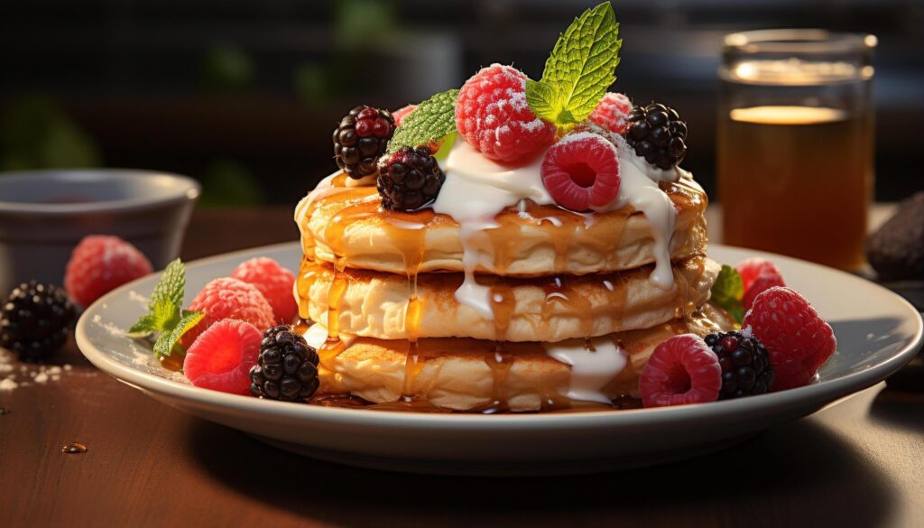 Fresh berry dessert on wooden plate, homemade pancake with syrup generated by AI Free Photo