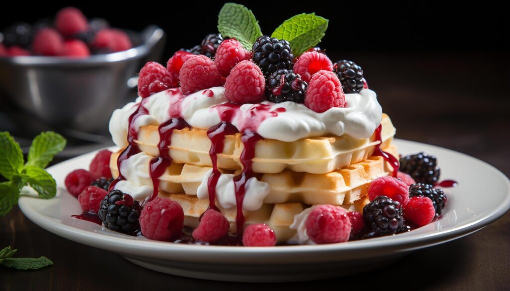 Fresh berry dessert on wooden plate with mint leaf garnish generated by AI Free Photo