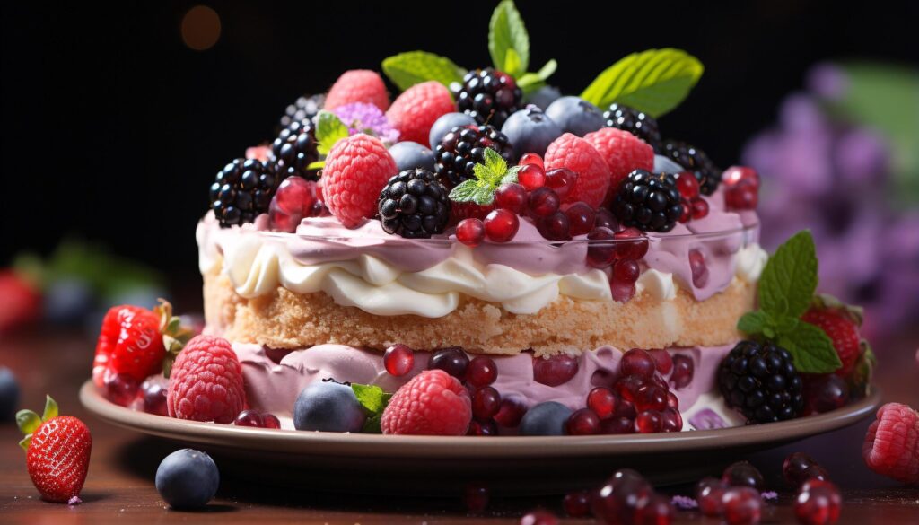 Fresh berry dessert on wooden table, a summer indulgence generated by AI Free Photo